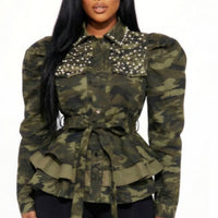 Camo Glam Rhinestone Peplum Jacket