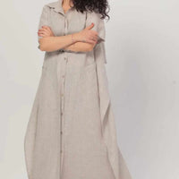 long length linen dress with pockets, button down front flowy and back tie