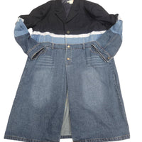 Tailored Black Top: The upper portion resembles a structured blazer, complete with a button closure, giving this coat an elegant edge.
Denim Bottom Half: The lower section boasts a classic denim look, with a mid-length skirt, slight fraying at the hemline, and patch pockets on the back.
Statement Stripe: A white and pale blue stripe runs horizontally across the chest and arms, tying together the top and bottom halves.
Longline Silhouette: The long length adds a trench coat vibe,