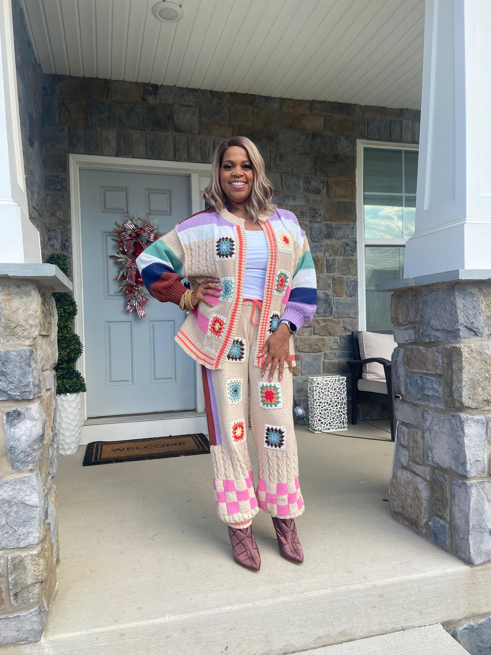 2-piece Multicolored Square  Sweater Set BOHO style