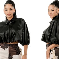 Cropped Puffy Sleeve Faux Leather Jacket/Top