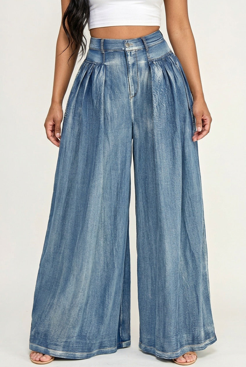 Wide Leg Pleated Denim Pants