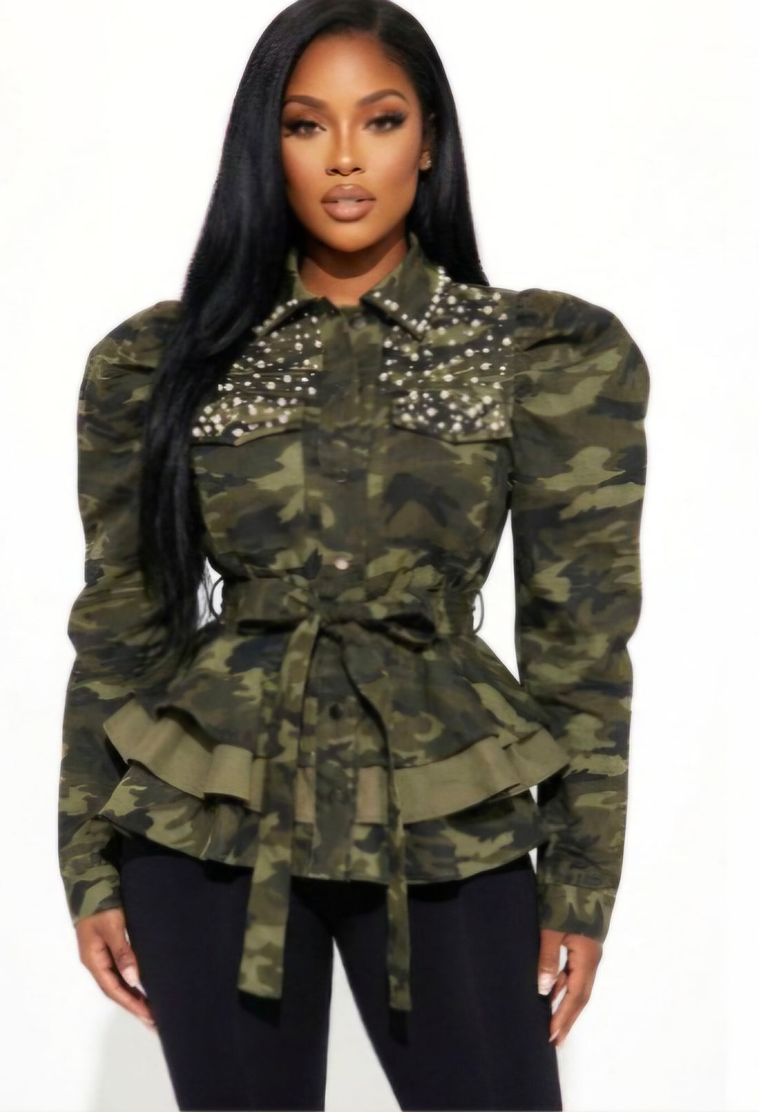 Camo Glam Rhinestone Peplum Jacket