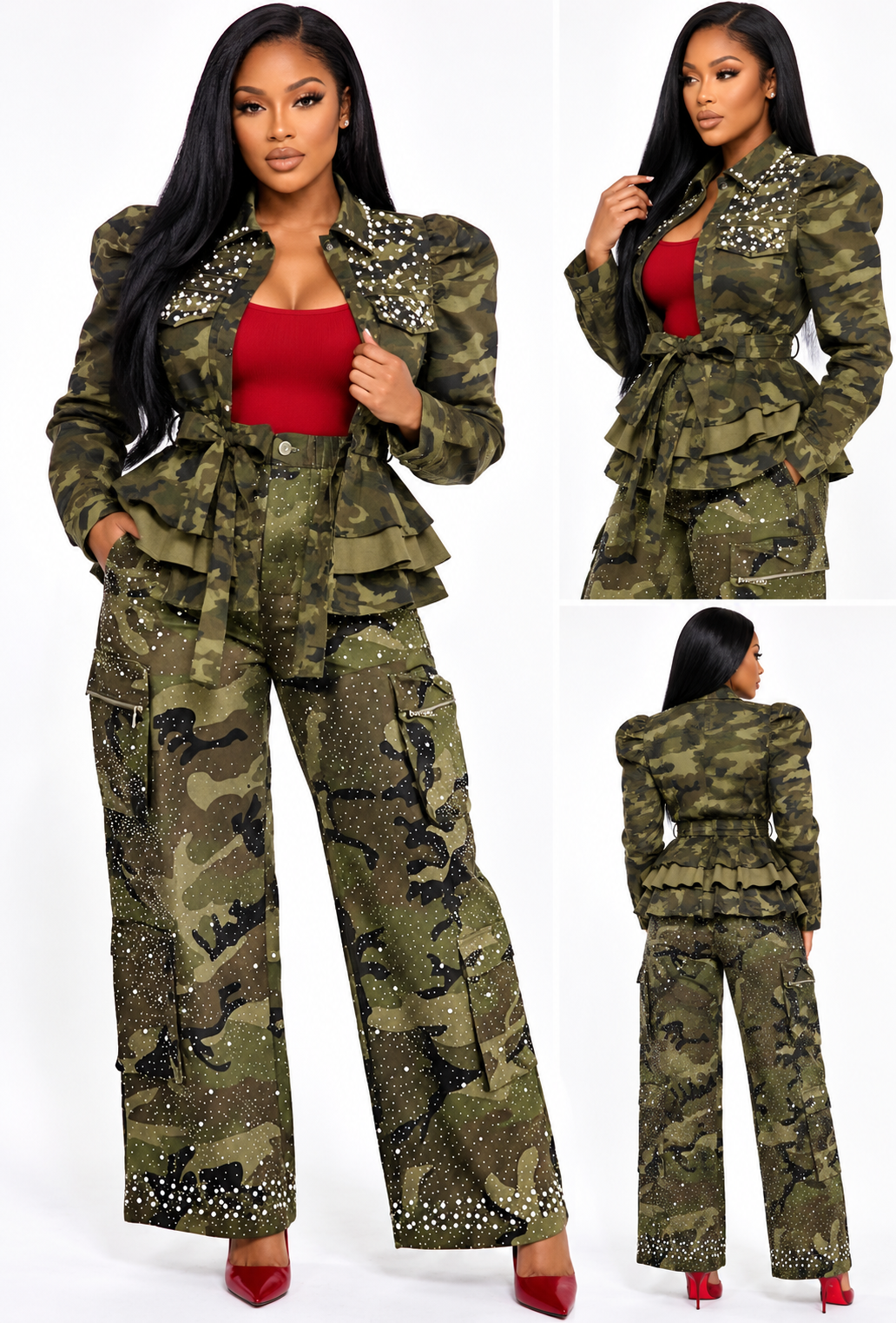 Camo Glam Rhinestone Peplum Jacket