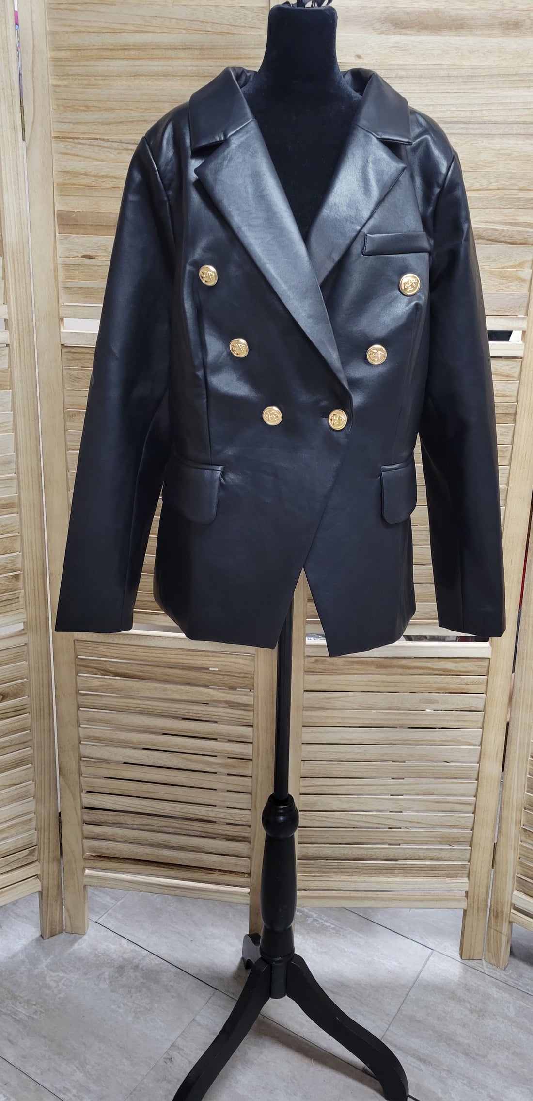 faux leather black double breasted blazer with pockets shoulder pads and pockets, gold accent buttons