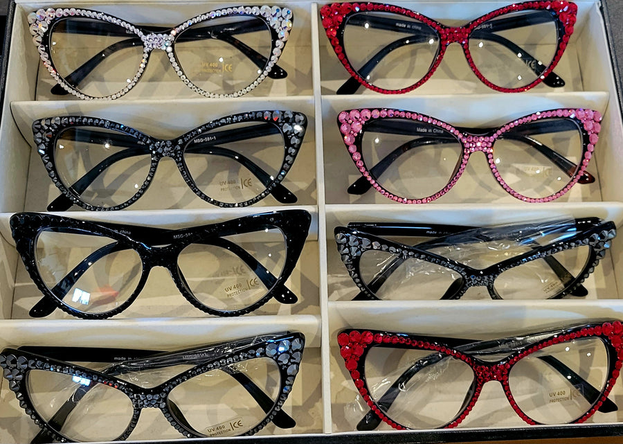 Bling cat eye glasses, rhinestone encrusted available in pink, red, clear, black and platinum