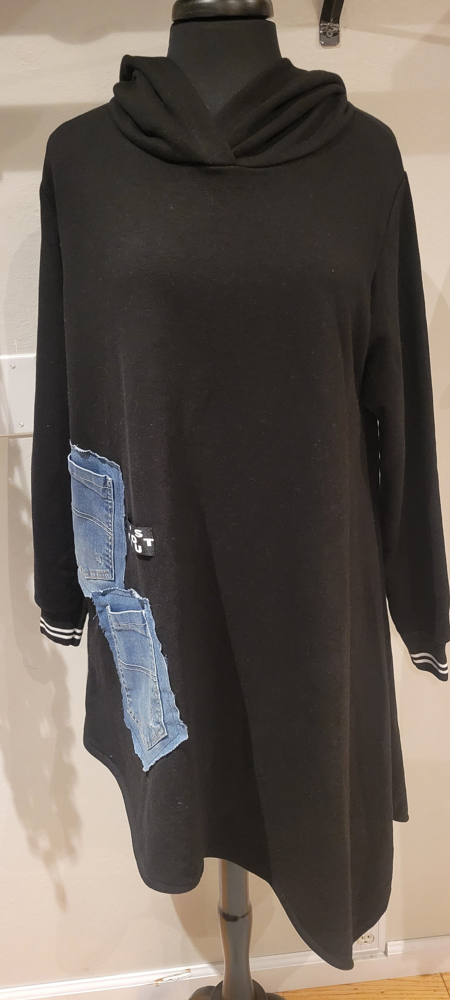 Black Hoodie for women with Denim Patchwork Pocket and striped wrist cuffs, asymmetrical women's tunic