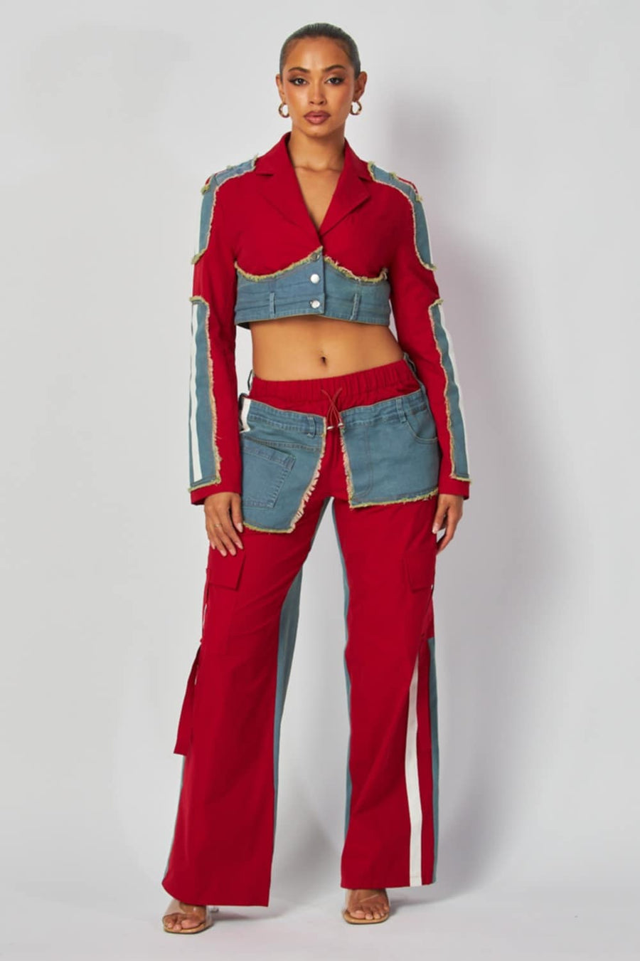 contrast denim patch outfit with frayed and raw edge denim, 2 piece set, red, with drawstring waist 