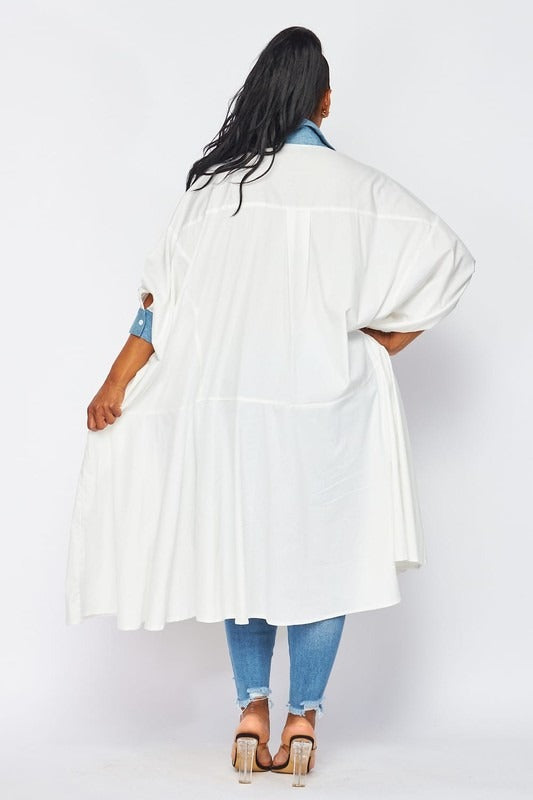 100% polyester, the plus-size shirt dress accent denim collar, pocket, cuffs, and button seam, with striking texture contrasts.