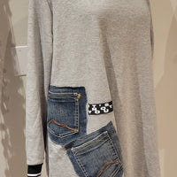Gray Hoodie for women with Denim Patchwork Pocket and striped wrist cuffs, asymmetrical women's tunic