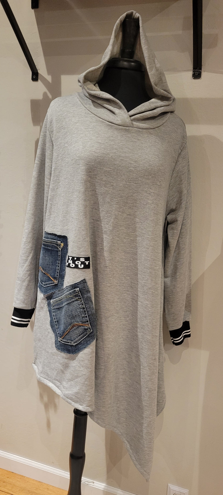 Gray Hoodie for women with Denim Patchwork Pocket and striped wrist cuffs, asymmetrical women's tunic
