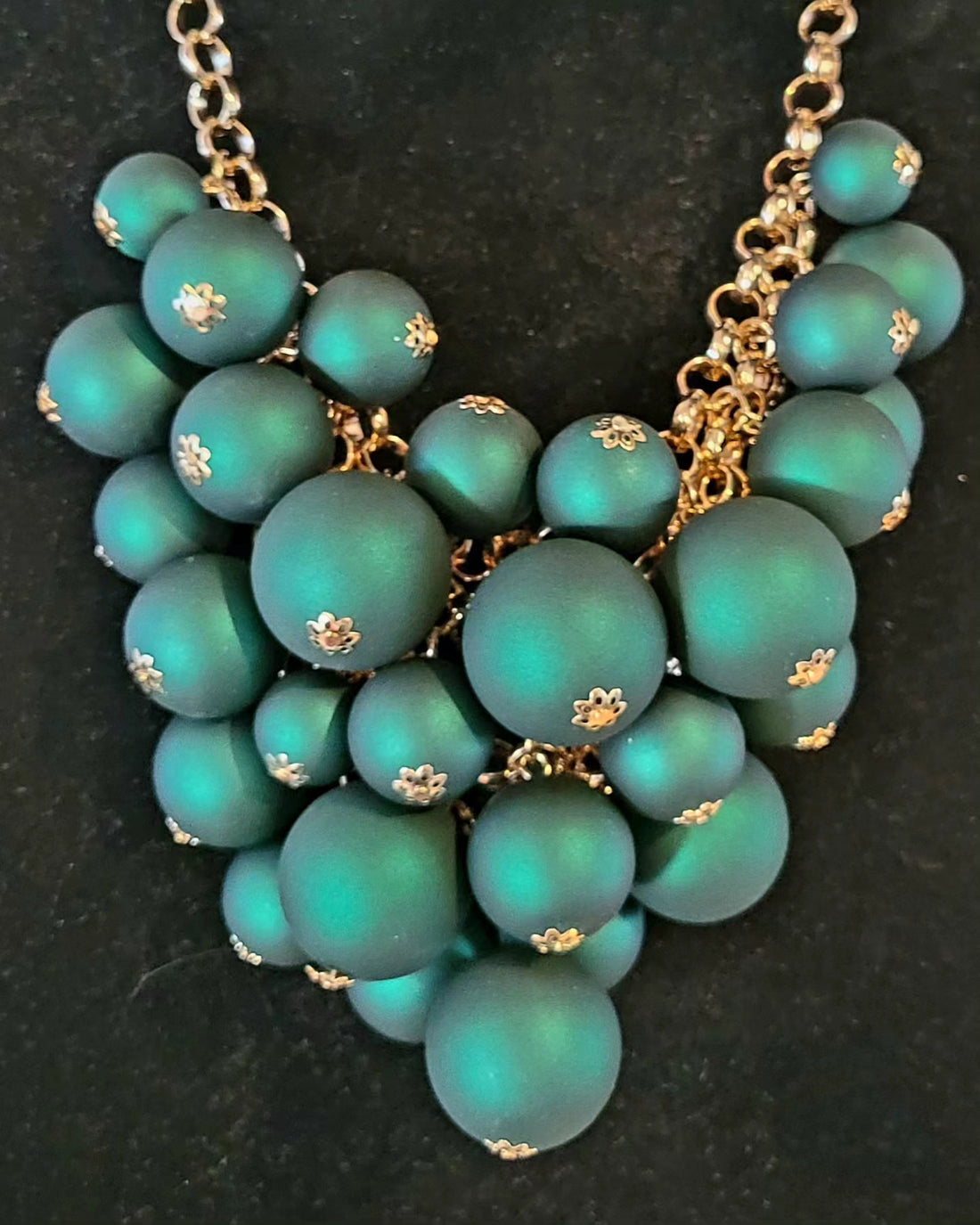 gold tone statement necklace with linked chain, teal multi size balls as focal point and matching earrings