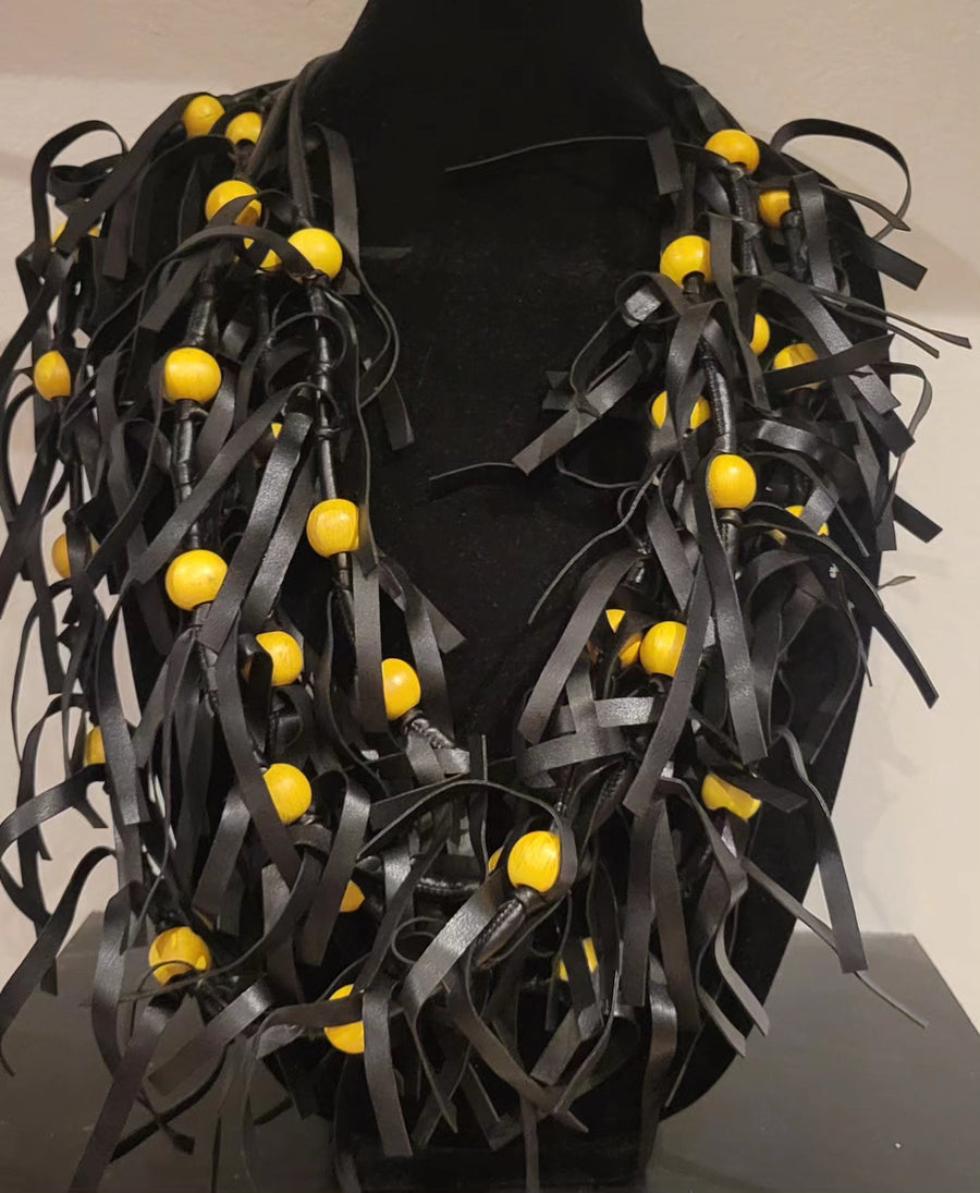 black faux leather necklace with multistrand and tassle design and contrast color accent beads, statement necklace 2 accent colors available, yellow or white