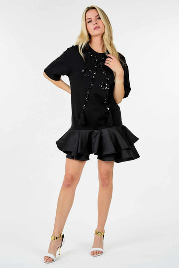 Short black dress with ruffles, short sleeves and beaded front abstract design with tassels