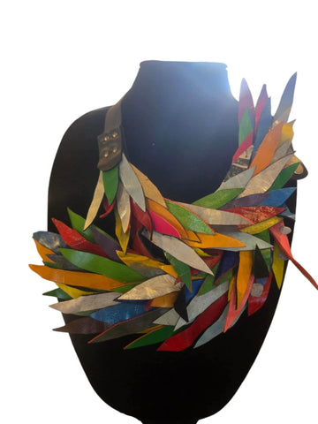 Parrot inspired statement made of leather, multicolored