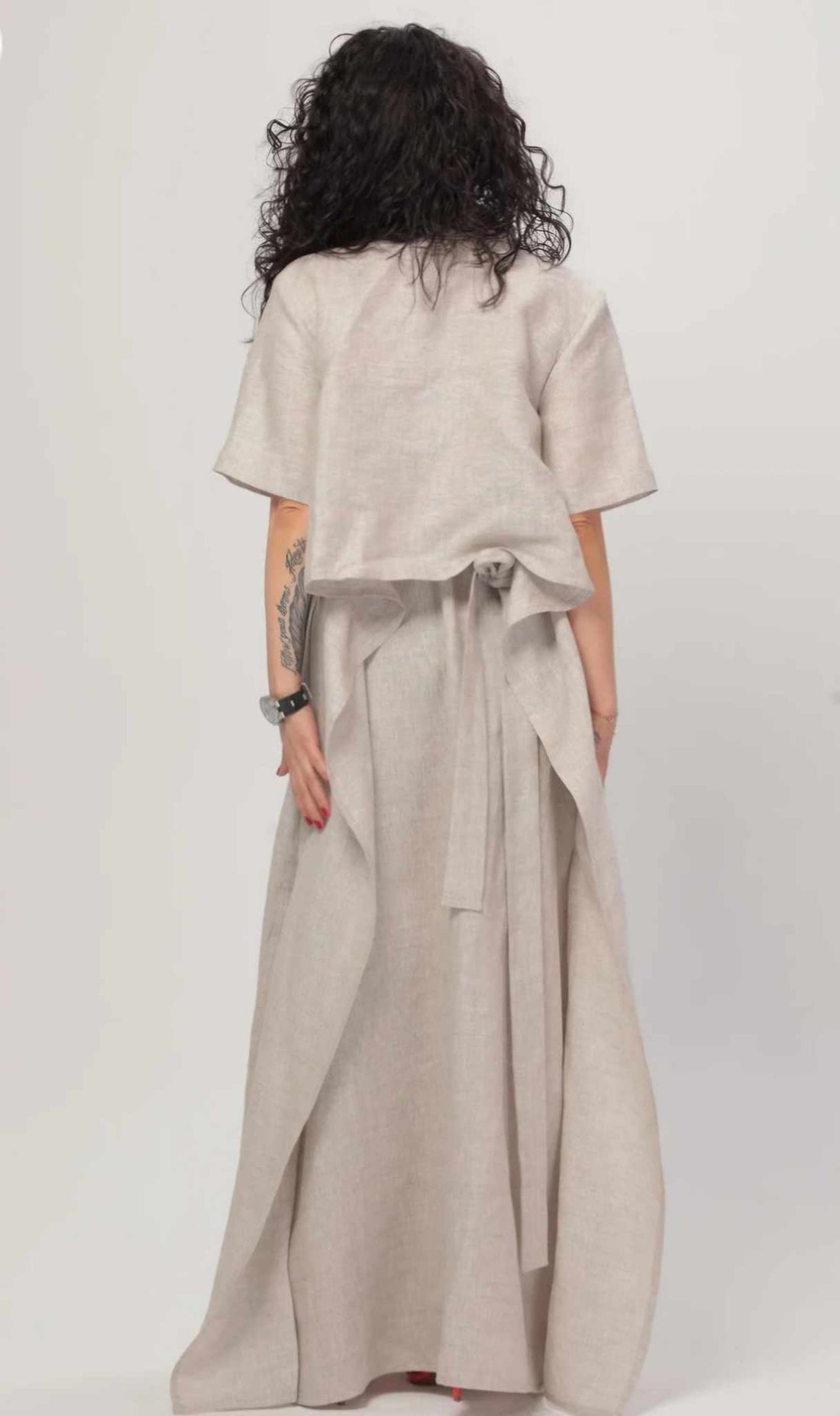 long length linen dress with pockets, button down front flowy and  backtie