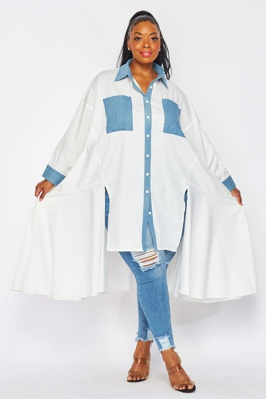 100% polyester, the plus-size shirt dress accent denim collar, pocket, cuffs, and button seam, with striking texture contrasts 