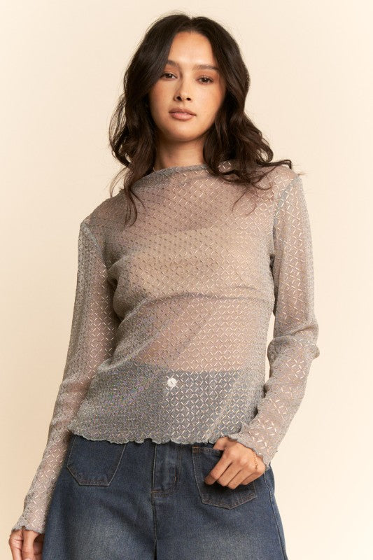 Textured Diamond Sheer Mesh Long Sleeve Top