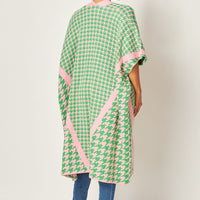 pink and green cardigan, houndstooth pattern, loose fitting 