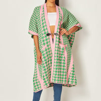 houndstooth womens cardigan, pink and green, kimono sweater