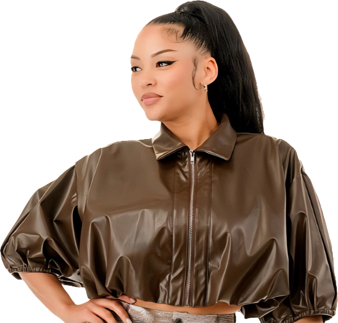 Cropped Puffy Sleeve Faux Leather Jacket/Top