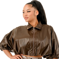Cropped Puffy Sleeve Faux Leather Jacket/Top