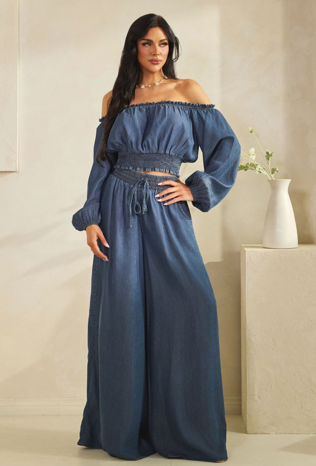 2 Piece Off Shoulder Denim Pantset