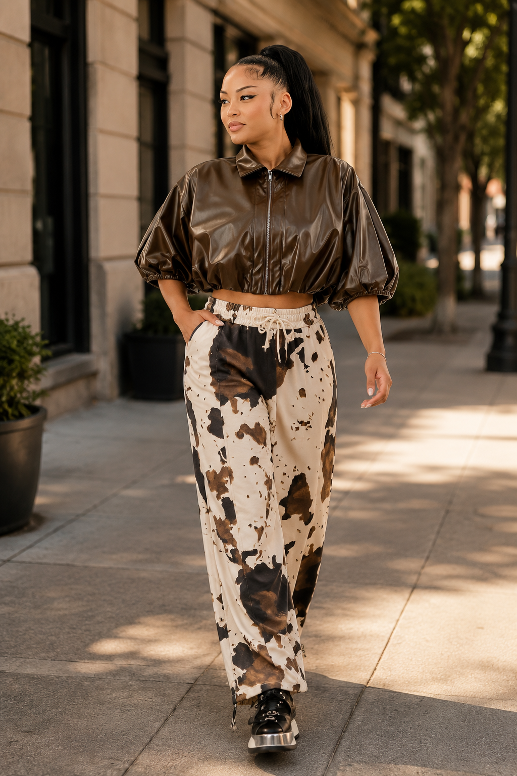 Cropped Puffy Sleeve Faux Leather Jacket/Top