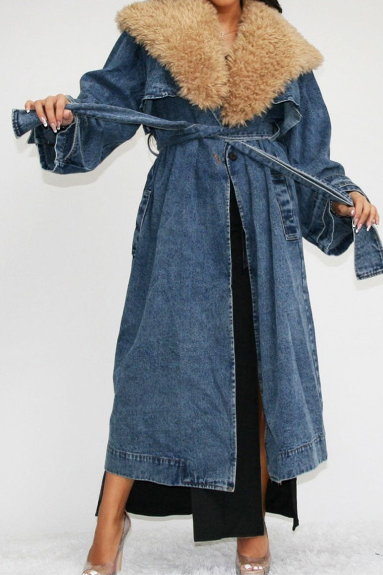 Denim Coat with Fur Collar