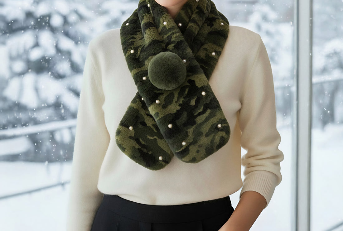Pearl Embellished Faux Fur Pom Pom Pull Through Scarf