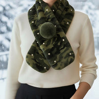 Pearl Embellished Faux Fur Pom Pom Pull Through Scarf