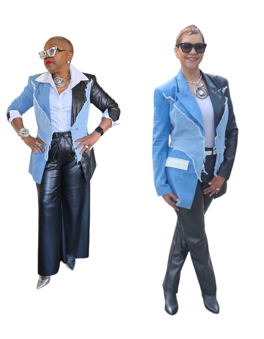 Denim and Faux Leather Blazer