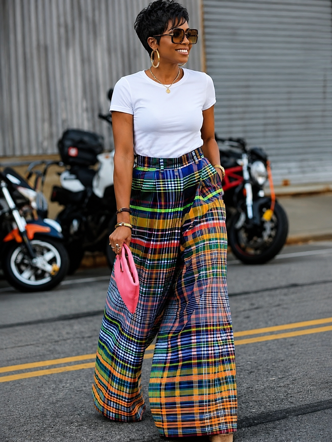 Kemper Checkered Plaid Wide-Leg Pants