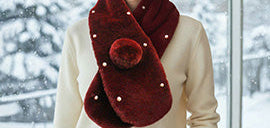 Pearl Embellished Faux Fur Pom Pom Pull Through Scarf