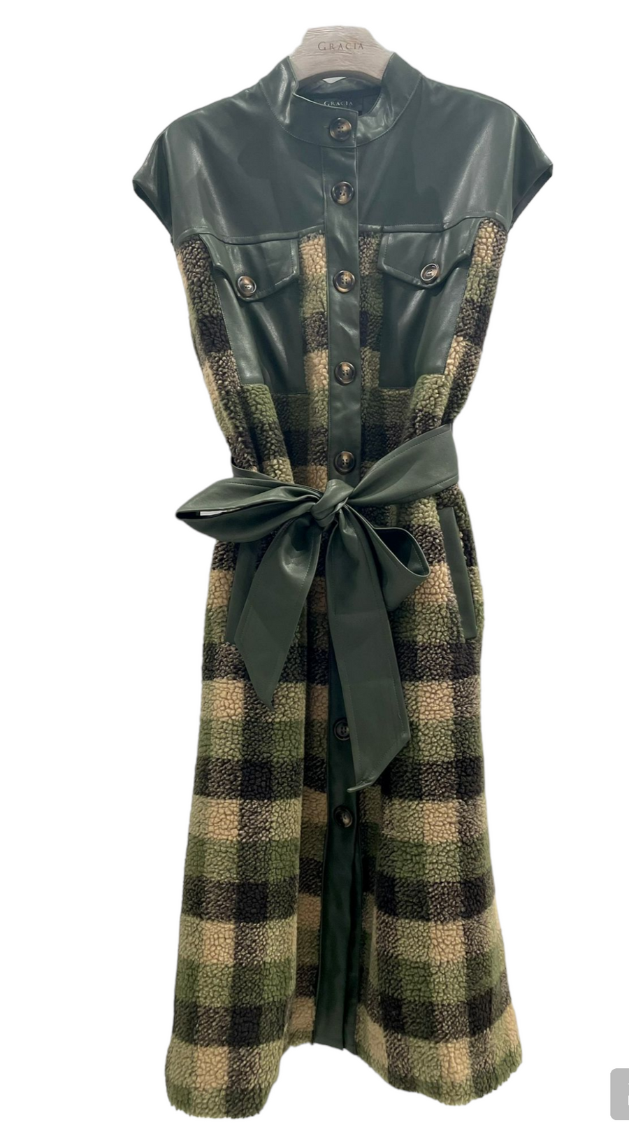 plaid with PU leather, dress accent buttons and belt 