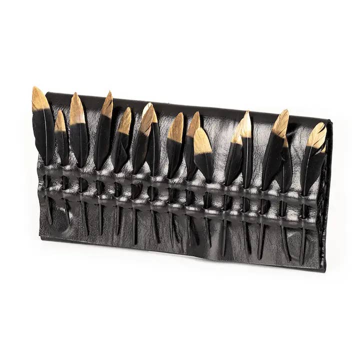 Black Talon Leather Clutch Handcrafted Feather