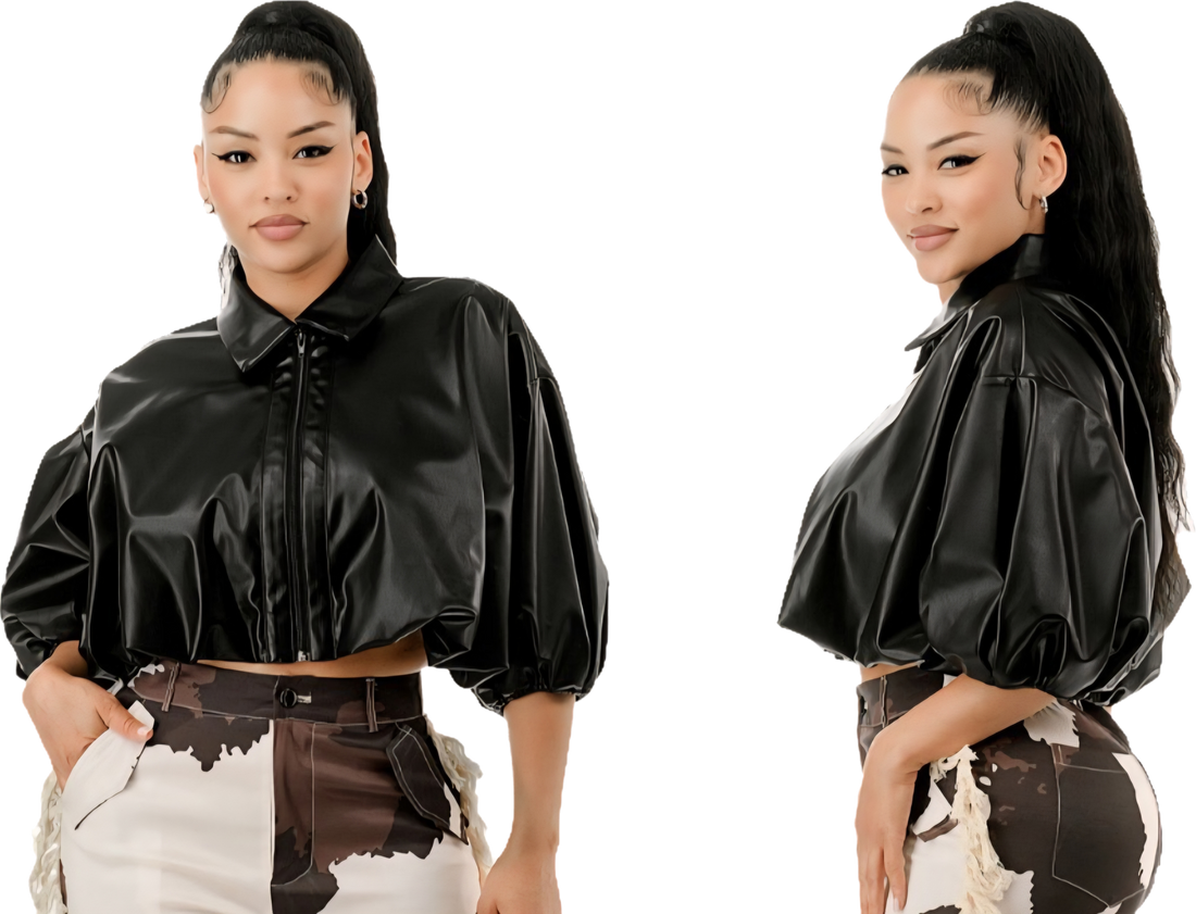 Cropped Puffy Sleeve Faux Leather Jacket/Top