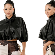 Cropped Puffy Sleeve Faux Leather Jacket/Top