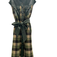 plaid womens dress with PU accent pockets and belt
