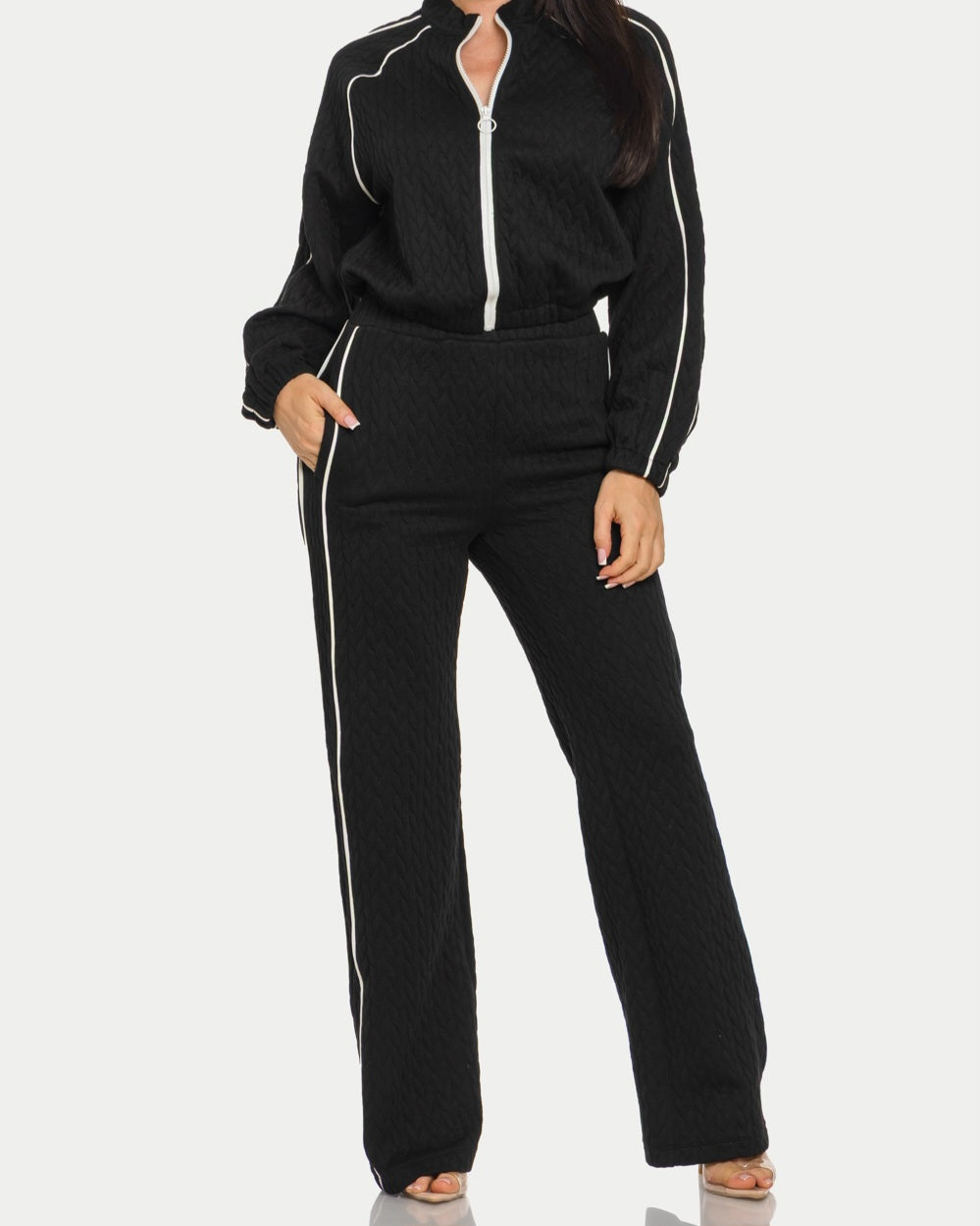 Pipping Stripes Front Zip and Pants Set