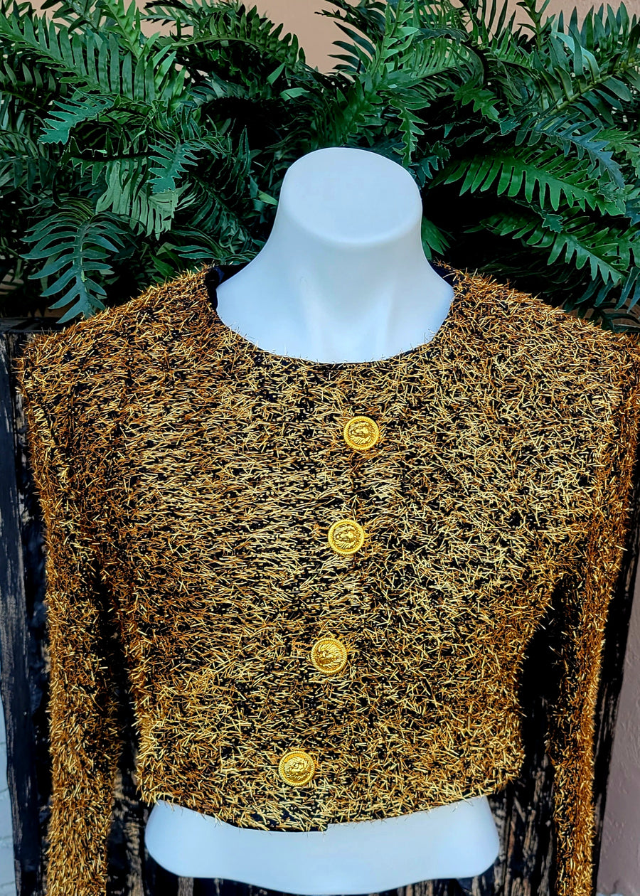 Womens Cropped Jacket with Metallic Gold Shag and Velvet Lining 