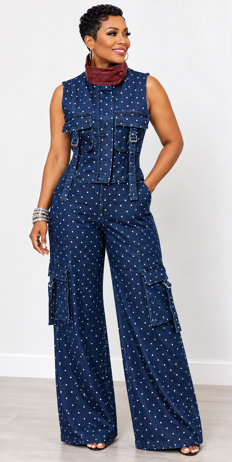 Denim Silver Polka-Dot Cargo 2-piece set