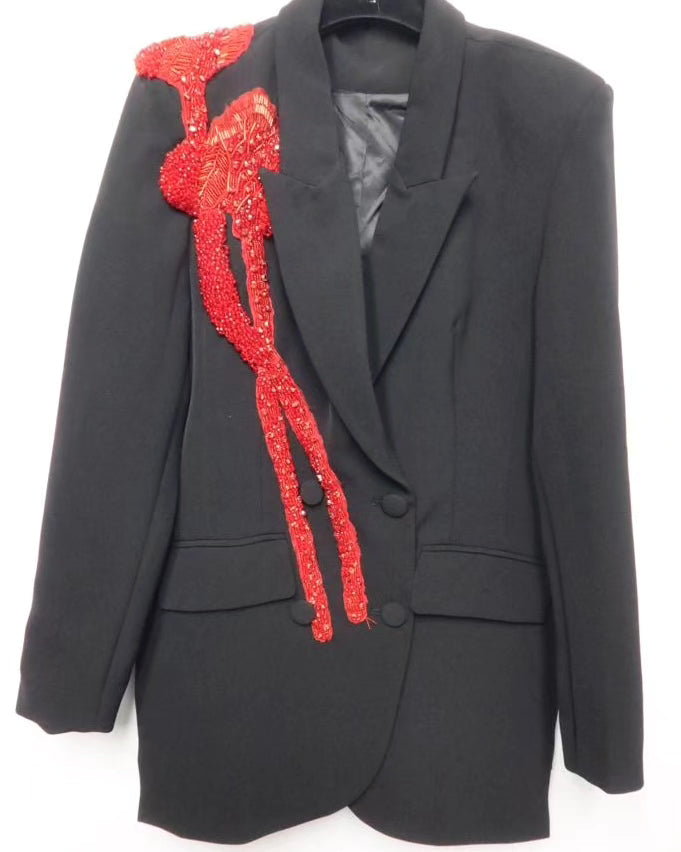 womens black blazer with red sequins